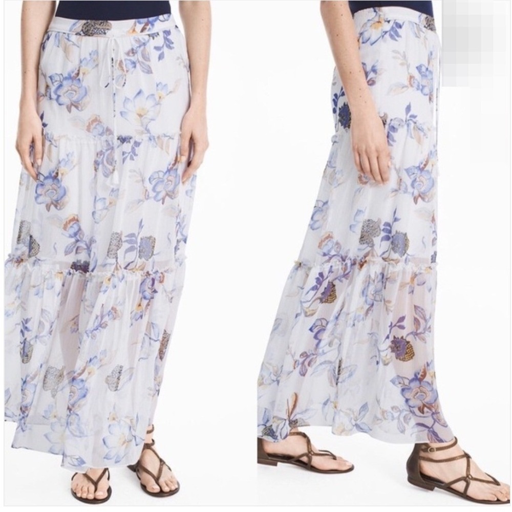 $49 EUC WHITE HOUSE BLACK MARKET skirt PLUS XXS white blue floral tiered maxi